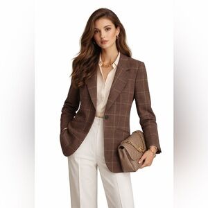 Vintage New Women's Coffee Window Pane Houndstooth Plaid Menswear Coat S. 10 CFC